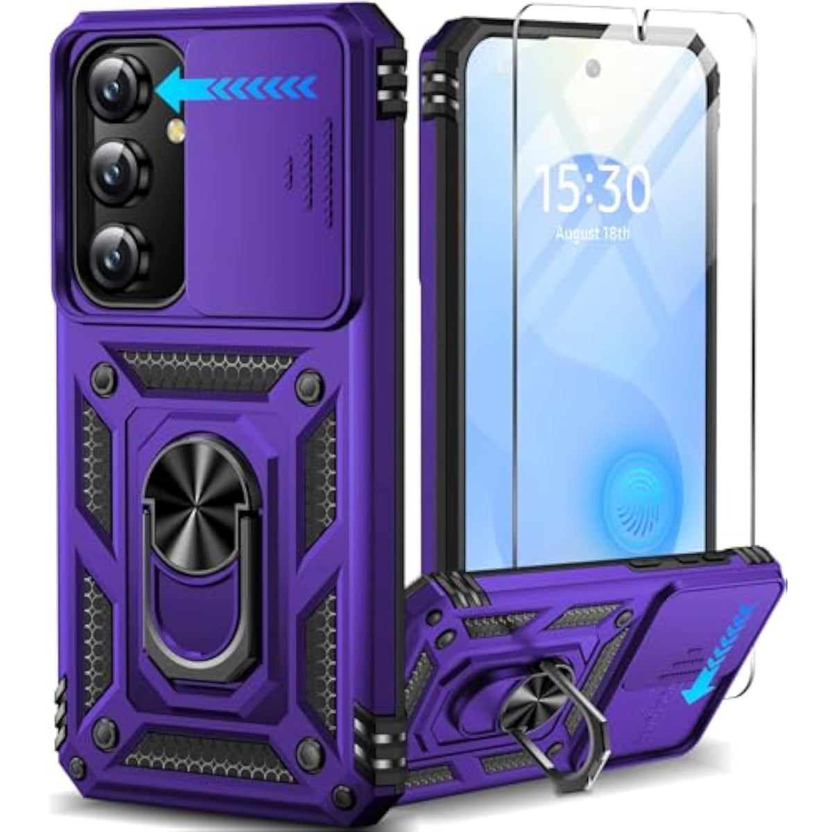 For Samsung Galaxy S24/Samsung Galaxy S25 Case With Screen Protector & Slide Camera Lens Cover, Built-In Ring Stand Protective Phone Case For Samsung S25 Case/Samsung S24 Case (Purple)
