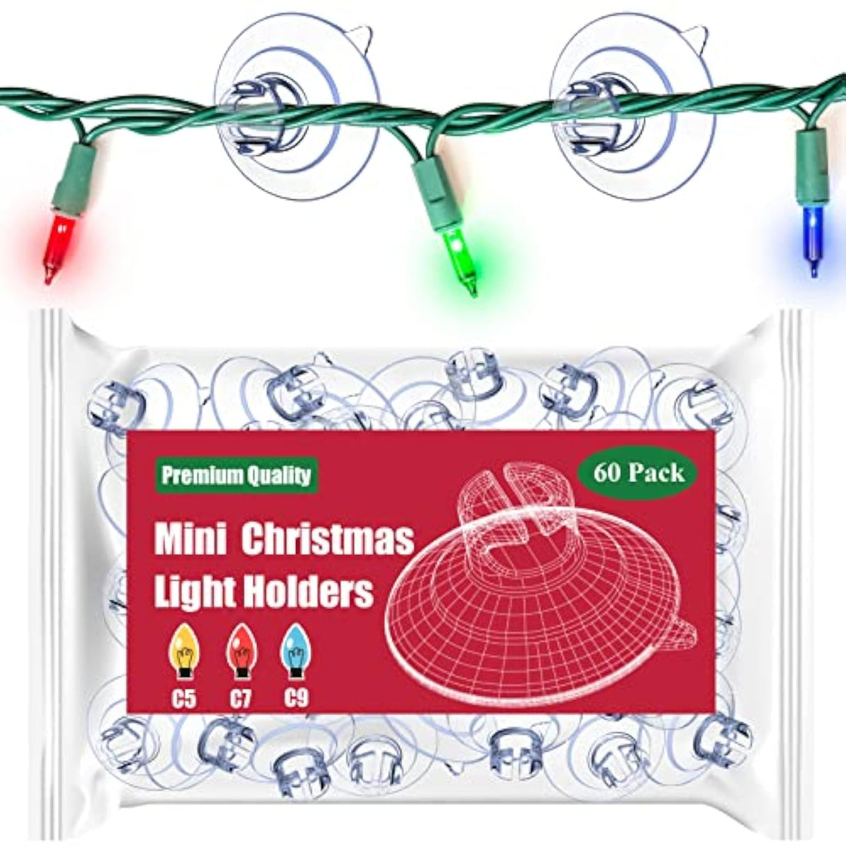 Mini Christmas Light Suction Cups [Set Of 60] - Small Holiday Light String Hooks Holders, Clear Rope Light Caddy Window Glass Suction Cup Clips Hang Seasonal Xmas Decorations