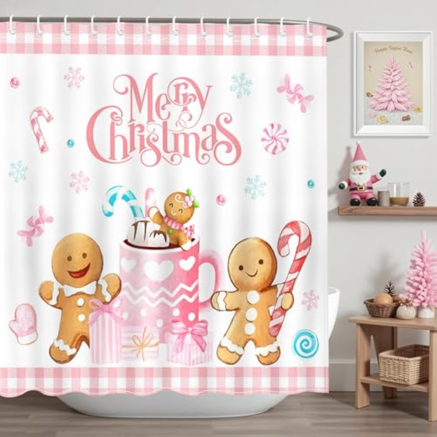 Merry Christmas Shower Curtain Pink Checked Cute Gingerbread-Man Shower Curtain With 12 Hooks Winter Snowflake Xmas Candy Bath Curtain For Christmas Kids Bathroom Decor, 72 X 72 Inch