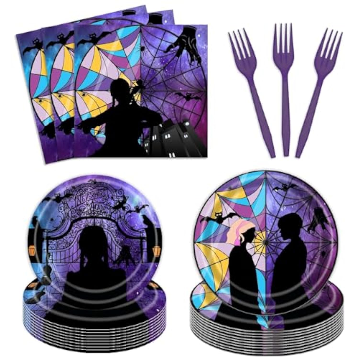 96 Pcs Wednesday Plates And Napkins Party Supplies Gothic Wednesday Party Supplies Including Wednesday Party Plates And Napkins Forks, Wednesday Party Favors Wednesday Birthday Decorations For Girls