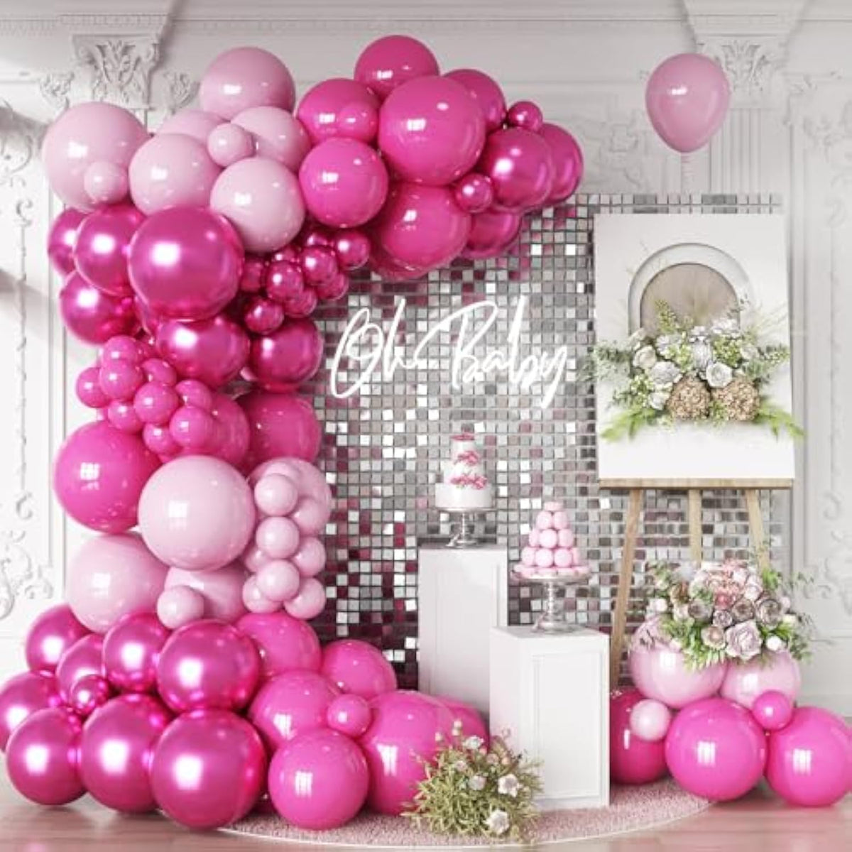 Balloon Arch Kit - Hot Pink, Baby Pink, Metallic Party Helium Balloons Garland With Pastel Light, Dark Magenta, Latex Balloons For Girls Wedding, Baby Shower, Princess Birthday Party Decor