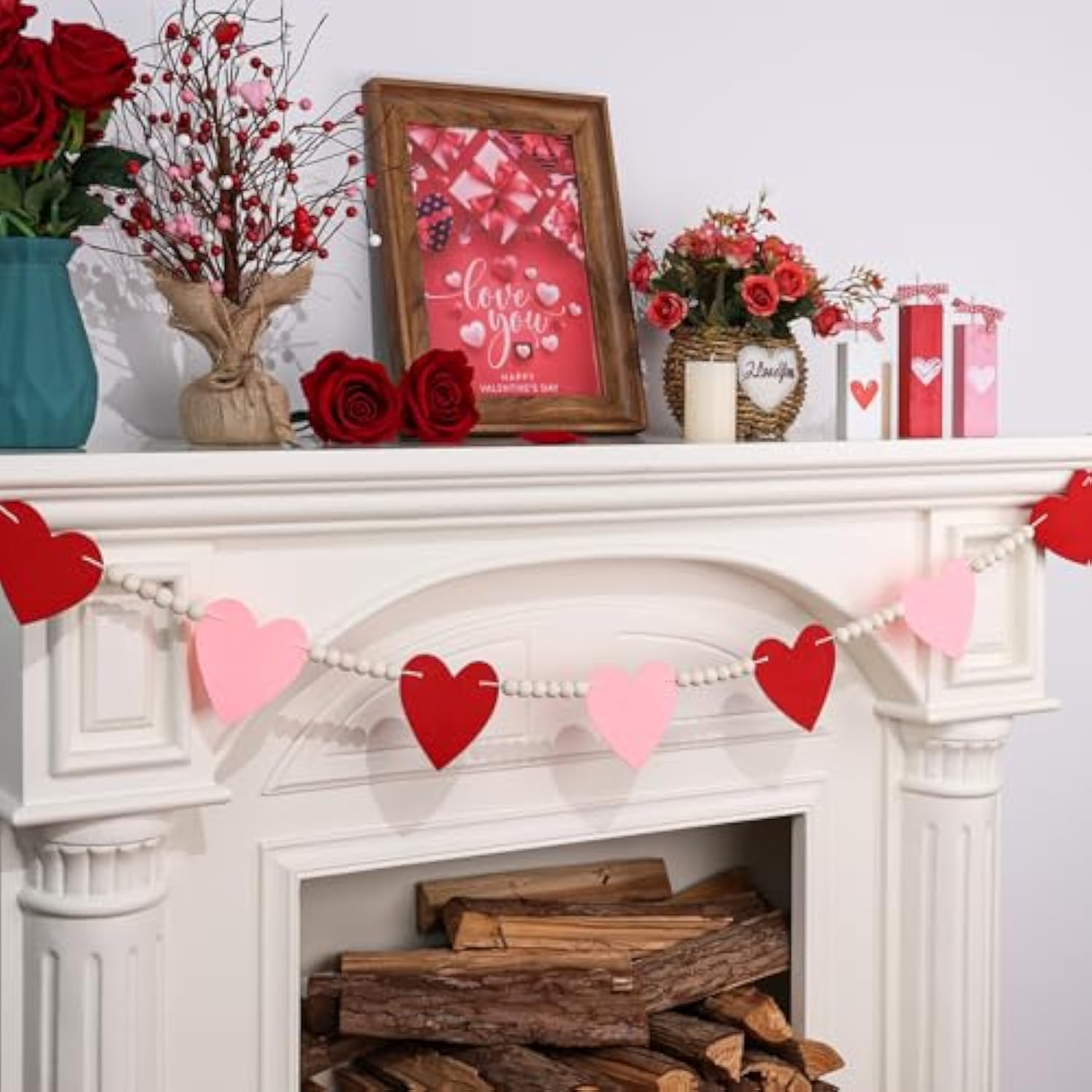 Valentines Day Decorations Felt Garland Banner Pink Red Hearts With Wood Beads Romantic Love Rustic Farmhouse Pre-Assembled Hanging Banner For Mantle, Fireplace, Wall, Party Supplies