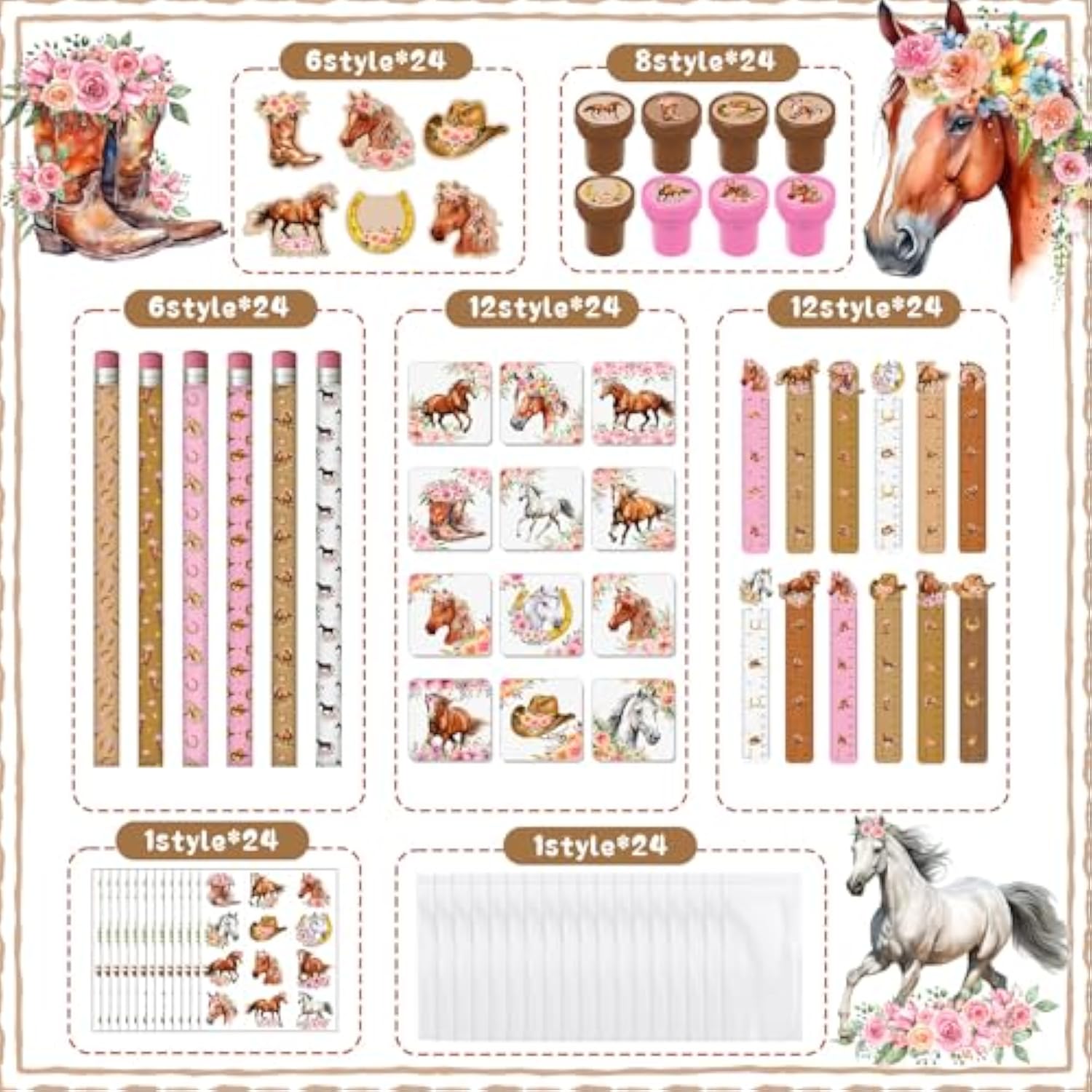 168 Pcs Cowgirl Party Favors Set Horse Pencils Notepads Stampers Rulers Erasers Stickers Bags Horse Cowgirl Theme Pink Stationery Supplies Kit For School Classroom Prizes Birthday Gift