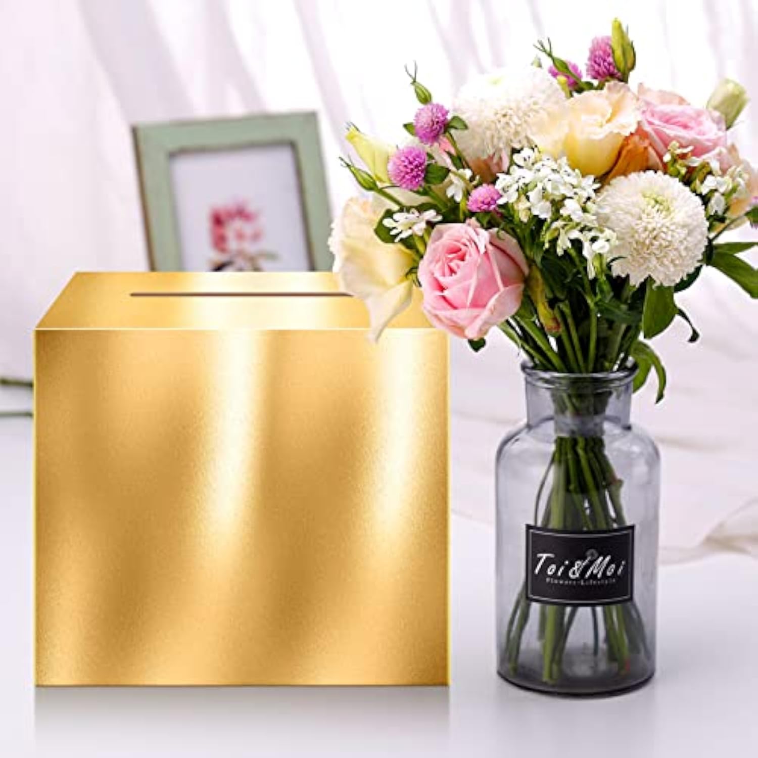 Gold Card Box – 10"X10" Foldable Gift Box With Slit For Weddings, Birthdays, Graduations, Donations, Envelopes, Cards