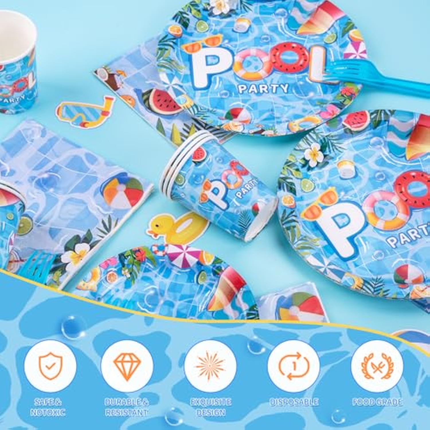 Pool Party Supplies, Summer Decorations Include Pool Party Plates, Napkins, Cups And Forks, Pool Decorations Tableware Set For Birthday, Baby Shower, Serves 24