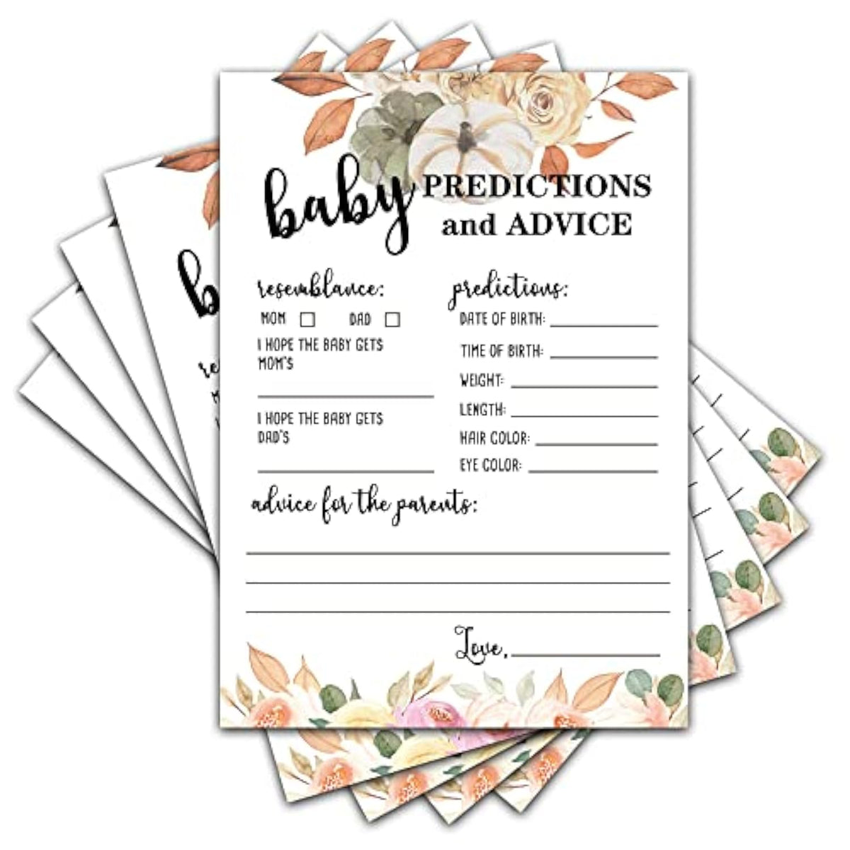 30 Double Side Baby Prediction And Advice Game Cards, Floral Pumpkin Thanksgiving Day Baby Shower Game Cards - 5" X 7"(01)