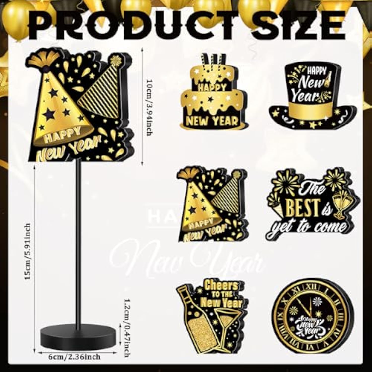 6-Pack Black and Gold New Year 2026 Table Centerpieces for Parties