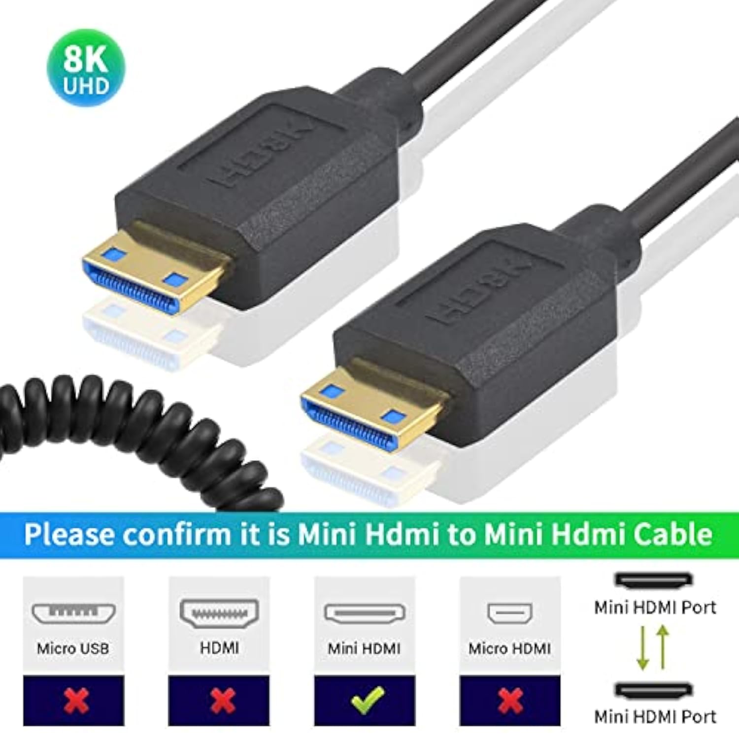 Dutttek 8K Mini Hdmi To Mini Hdmi Coiled Cable, 48Gbps Mini Hdmi 2.1 Cable, Ex