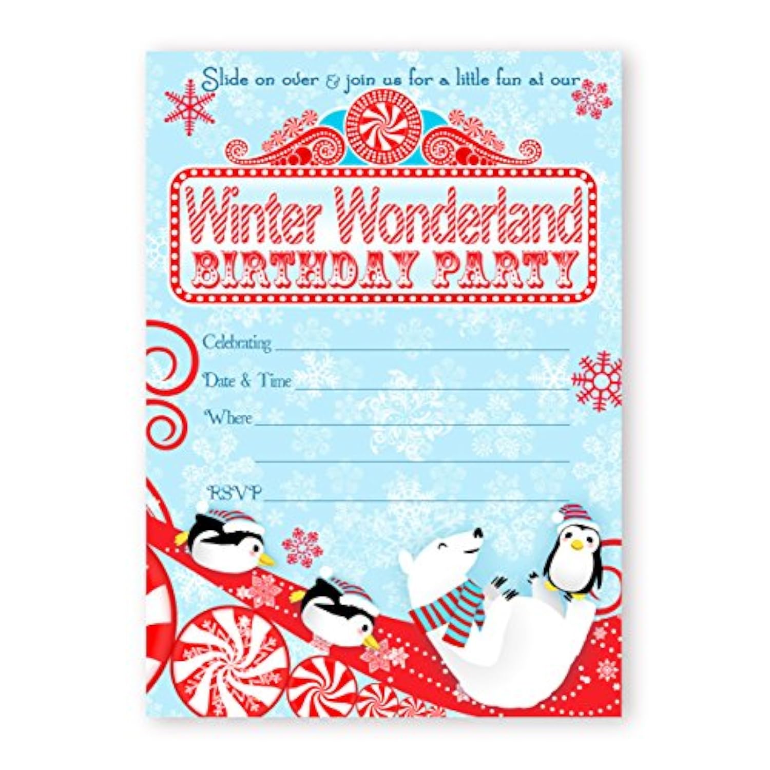 Winter Wonderland Large Invitations - 10 Invitations 10 Envelopes - - Penguin Party Supplies - Penguin Party Decorations - Winter Birthday Party - Penguin Birthday - Winter Onederland Party - Red