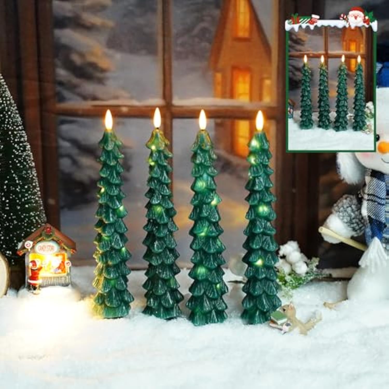 Christmas Tree Flameless Candles With Remote,4 Pcs Green Real Wax Led Flickering Candles Battery Operate With Embedded Star String For Home Decoration Christmas Gifts(D0.86 Xh9.6)