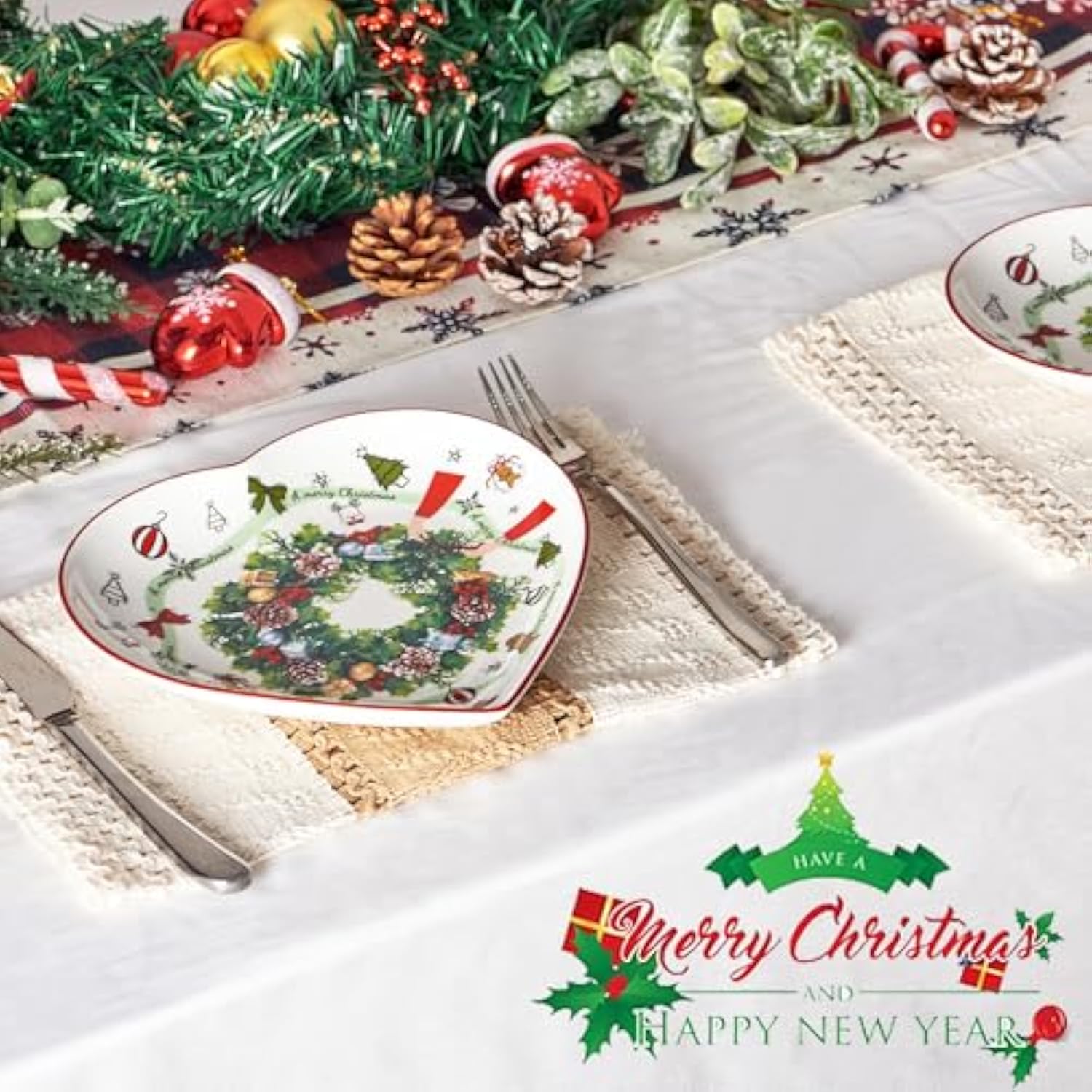 8 Inch Heart Shape Plate With Christmas Pattern, New Bone China For Serving Appetizer, Cake, Candy And Holiday Dish, For Holiday Table, Christmas Party Or Festival Celebration, Set Of 2, Green Wreath