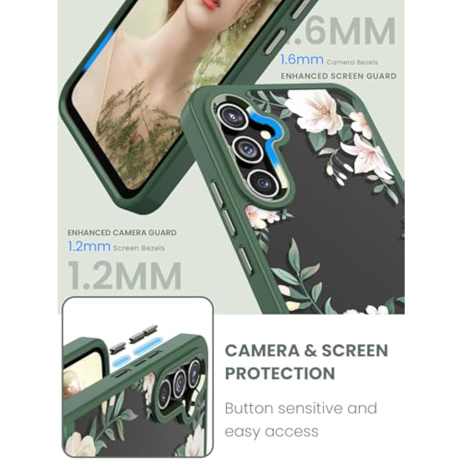 For Samsung Galaxy A54 5G Case With Tempered Glass Screen Protector [2 Pack],[Military Grade Protective] Slim Soft Tpu & Hard Pc,Girls Women Crystal Clear Flower Pattern Cases(Magnolia)