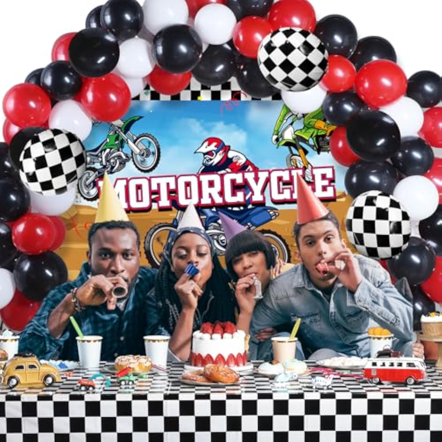 72 Pieces Motorcycle Truck Party Decorations Dirt Bike Motocross Backdrop Tablecloth With Balloons Extreme Truck Theme Decor Set For Birthday Party Supplies
