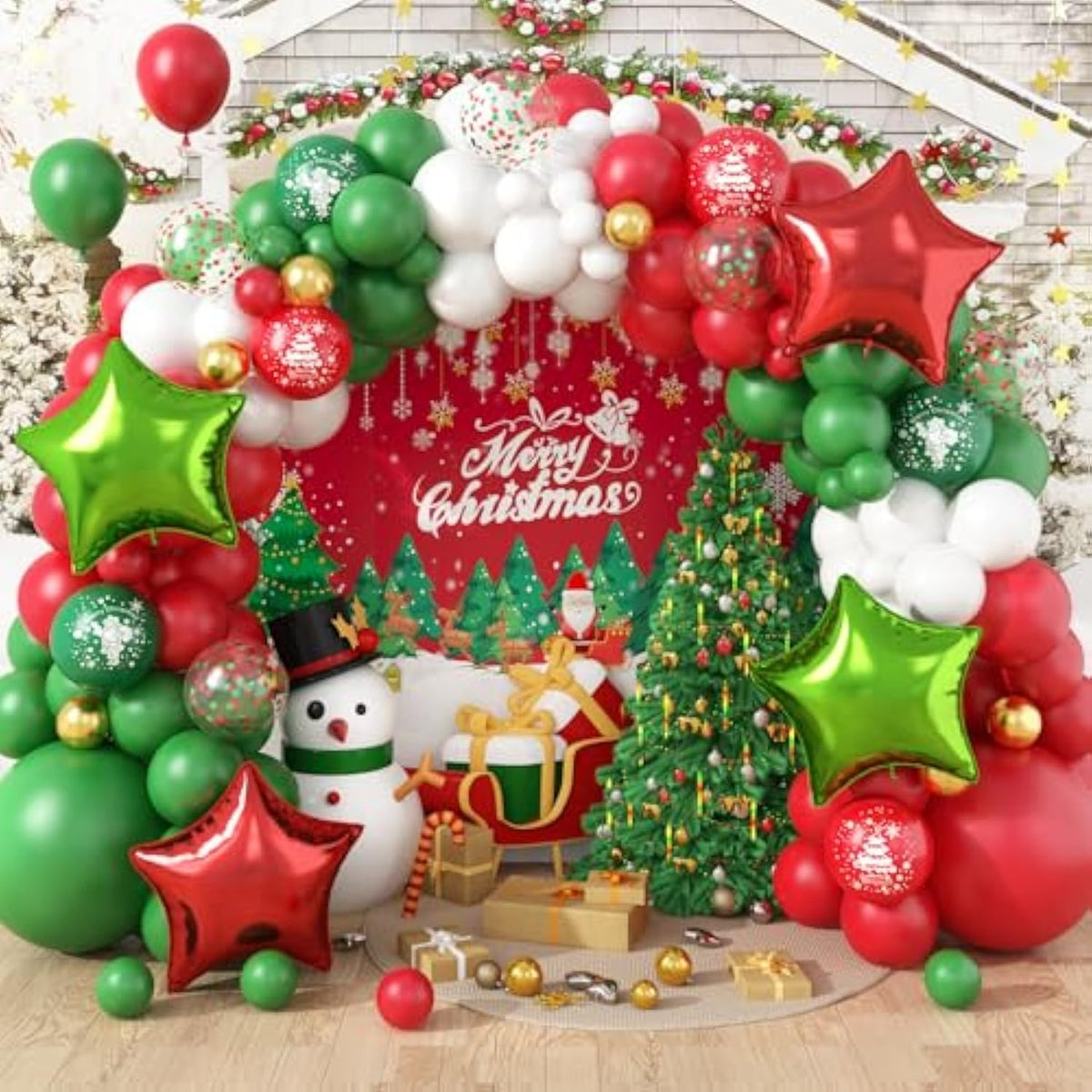 Christmas Balloon Garland Arch Kit - Green, Red, White Arch With Star Foil, Cane, Snowflake, Tree Balloons For New Year Party Decorations