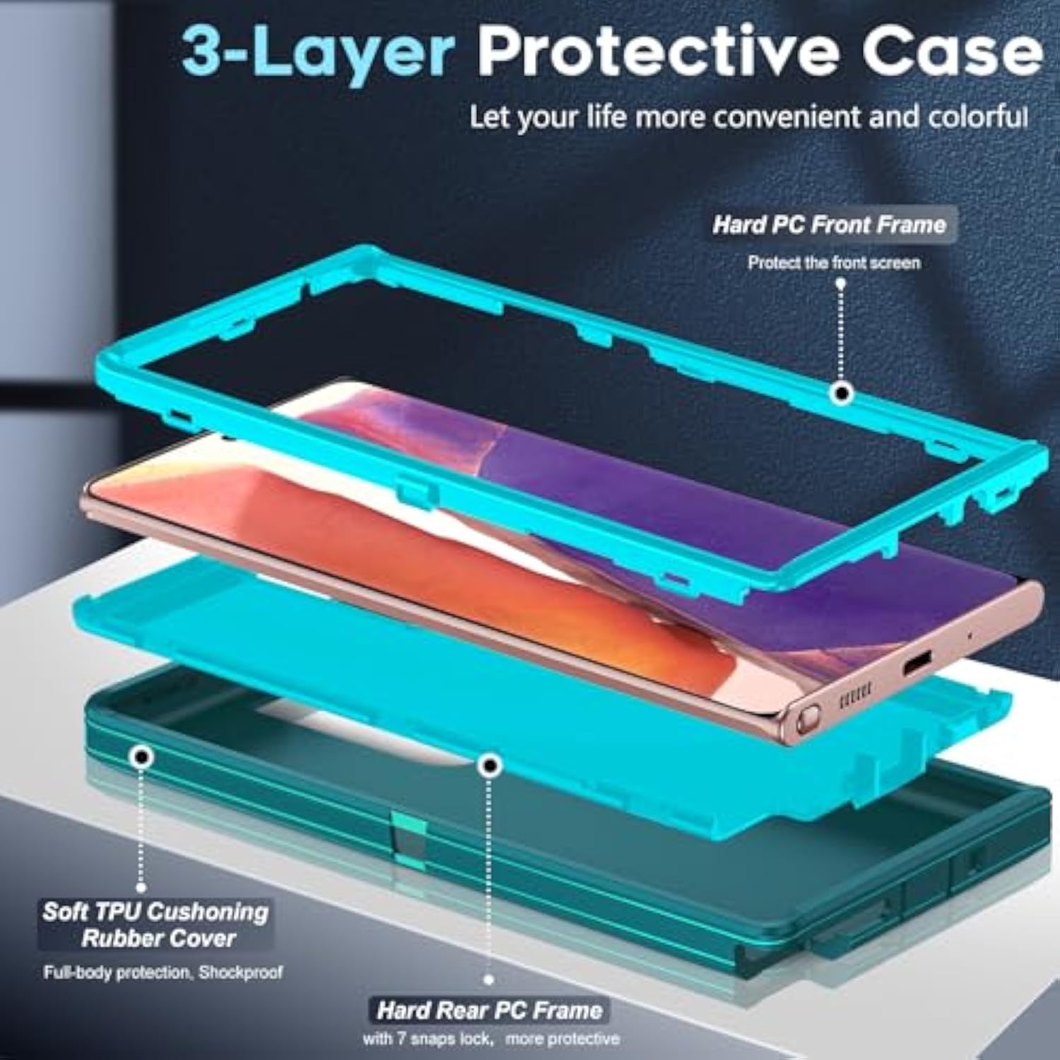 Compatible For Samsung Galaxy Note-20 Case[?????? ?????? Note 20 Ultra]: Samsung Note 20 Case, Military Grade Protection, 3 In 1 Full Body Shockproof Drop Cell Phone Cover Funda Note20, Teal Blue