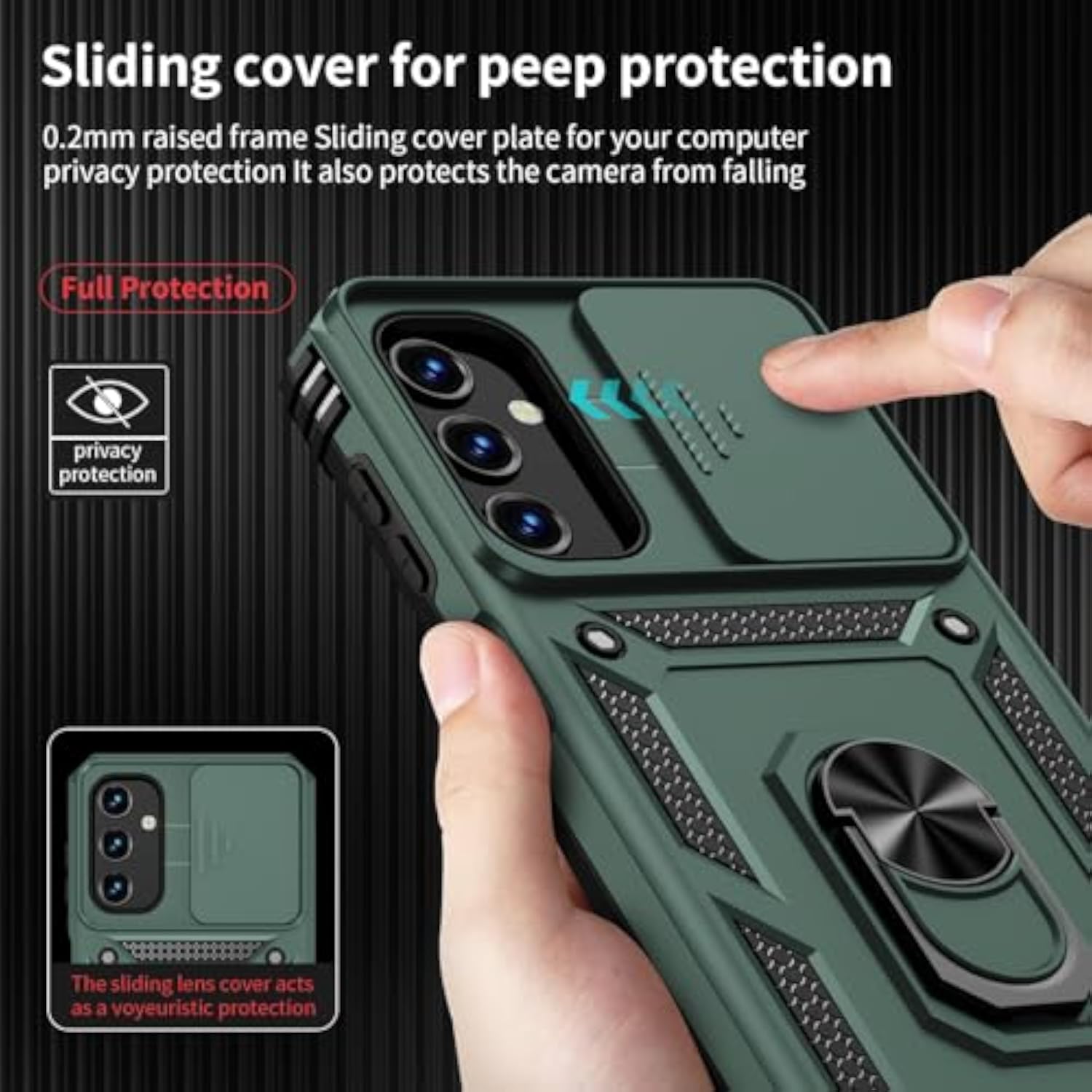 for Samsung Galaxy A03S Case with Slide Camera Lens Cover, HD Screen Protector, Military Grade Drop Protection, Magnetic Rotated Ring Holder Kickstand Phone Case (Pine Green)