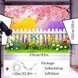 Spring Easter Backdrop 7X5Ft Pink Flowers Garden Backdrop Polyester Easter Backdrops For Photography Spring Banner Natural Scenery Background For Birthday Wedding Party Photo Studio Prop With Ribbon