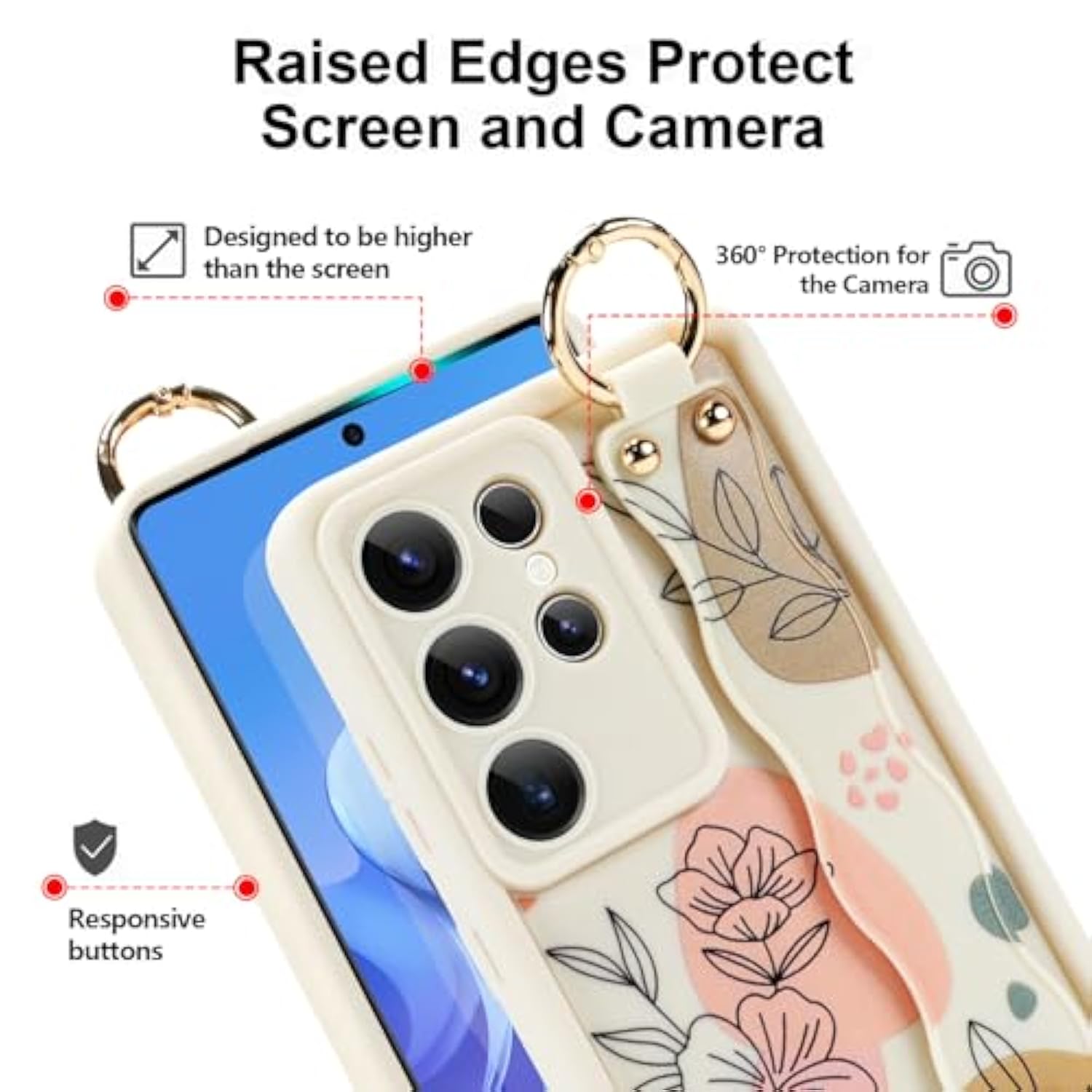 Silicone Case For Samsung Galaxy S25 Ultra With Strap, Cute Flower Floral Phone Case For Girl Women, Adjustable Finger Strap Shockproof Protective Cover, Beige Flowers