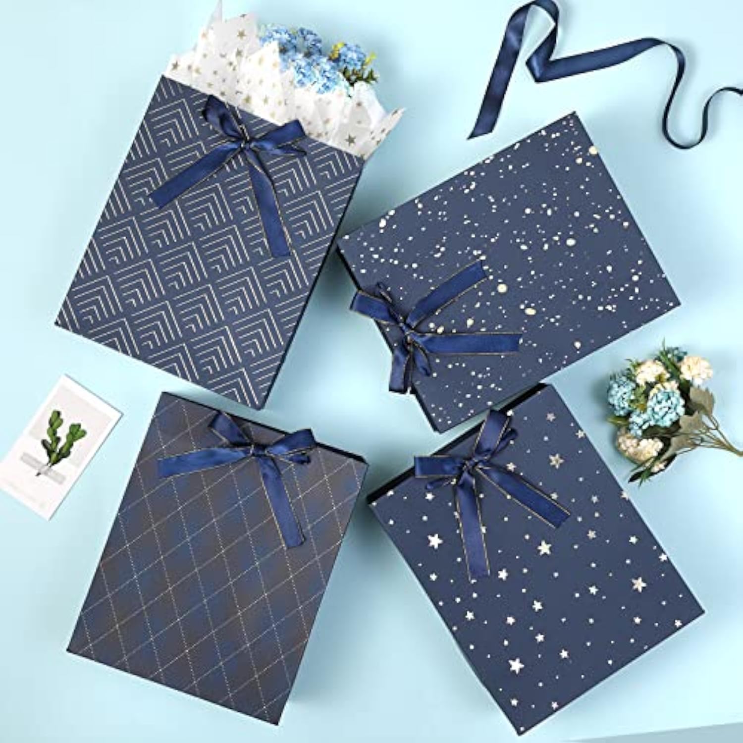 4 Pack 9" Medium Size Gift Bags Assorted Premium Blue Gift Bags With Tissue Paper Use For Birthdays, Baby Shower,Weddings,Party Favor, Holiday Presents-7" X 4" X 9"