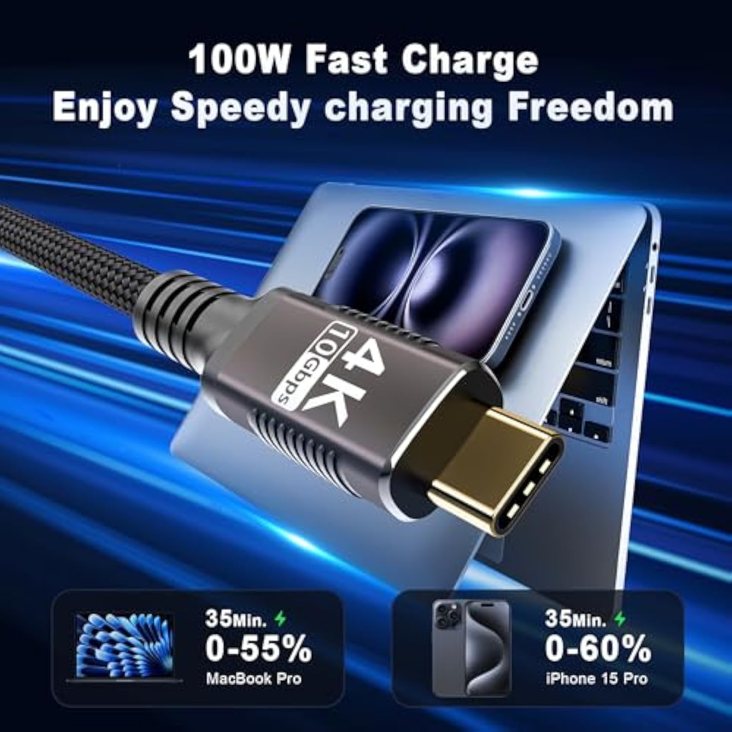 Long Usb C To Usb C Cable 10Ft Compatible With Thunderbolt 3,Usb C 3.1 Gen 1 Cable 10 Gbps Data Transfer,4K@60Hz/2K@120Hz Video Output Monitor Cord,Type-C Nylon Braided 100W Fast Charging.