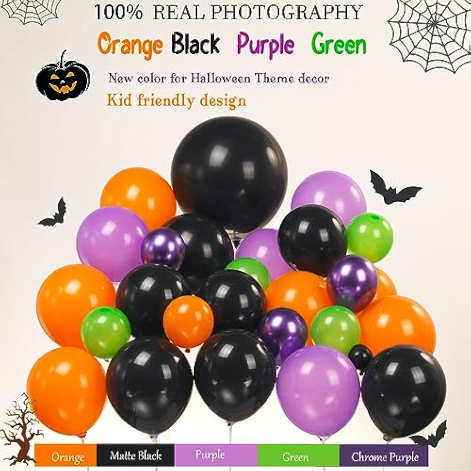 170pcs Halloween Balloon Arch Kit with Spider Bat Pumpkin Foil Party Decorations