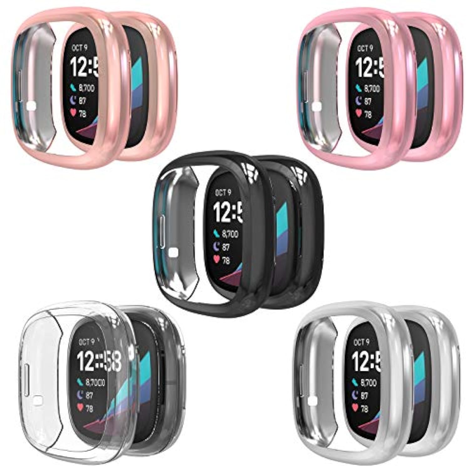 5Pack Full Screen Protector Case Compatible With Fitbit Sense/Versa 3, Soft Slim Tpu Plated Bumper Case Compatible With Fit Bit Versa3 Sense Smartwatch, Rose Pink/Rose Gold/Clear/Silver/Black