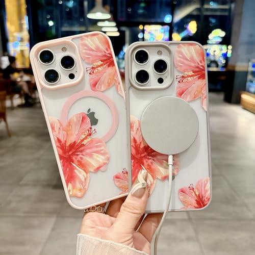 Magnetic for iPhone 15 Case [Compatible with MagSafe] Cute Trendy Hibiscus Flower Pattern Design for Summer Hawaiian, Translucent Shockproof