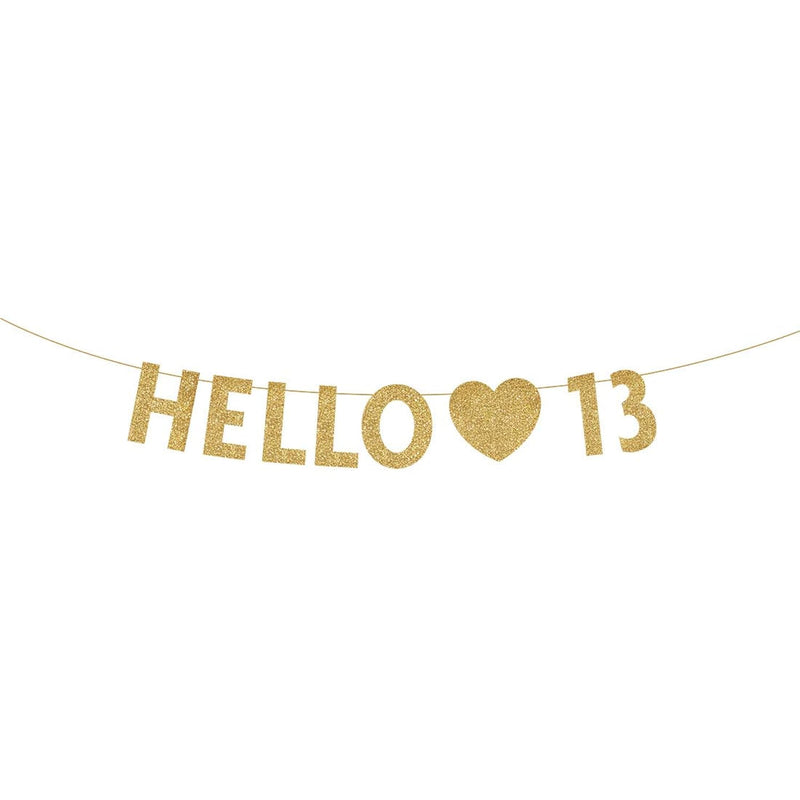 Gold Hello 13 Birthday Banner, Gold Glitter Happy 13Th Birthday Party