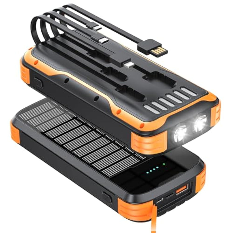 Solar-Power-Bank-Charger, 40000Mah Portable Phone Charger Built In 4 Cables With Usb C In/Output, Pd 20W Fast Charging External Batter, External Battery Pack With Dual Bright Flashlights