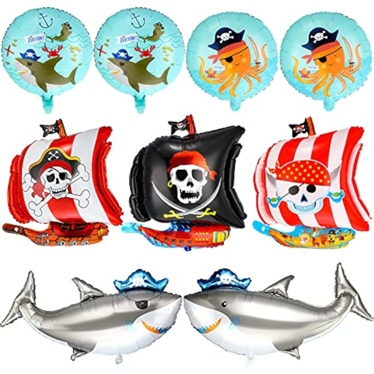 9-pc pirate ship foil balloons with ocean animal designs for birthday party decor
