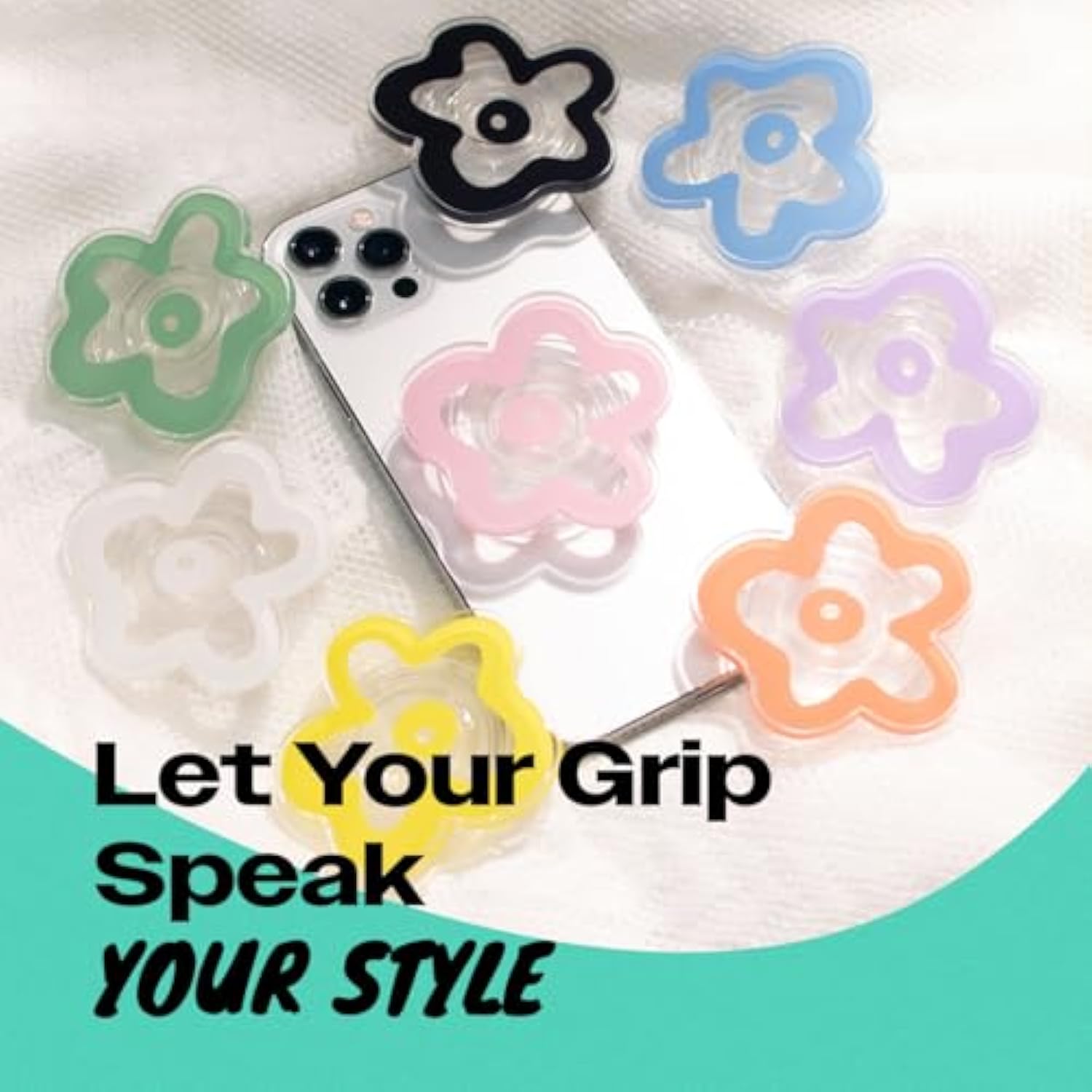 Onthegrip Cute Transparent Daisy Flower Shape Design Mobile Phone Grip Multi Functional Collapsible Stand Holder For Smartphone Tablet Cell Phone Accessory (White)
