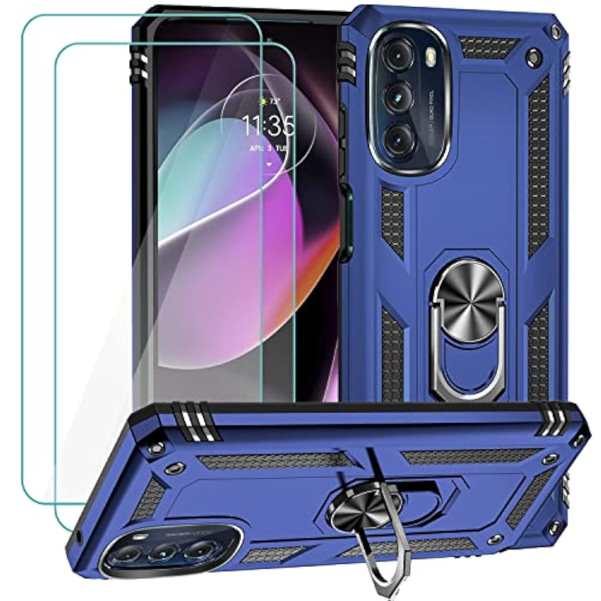 For Motorola Moto G 5G 2022 Case With 2 Pcs Tempered Glass Screen Protector, Military-Grade Armor Shockproof Protective Phone Cover With Ring Magnetic Kickstand , Blue