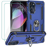 For Motorola Moto G 5G 2022 Case With 2 Pcs Tempered Glass Screen Protector, Military-Grade Armor Shockproof Protective Phone Cover With Ring Magnetic Kickstand , Blue
