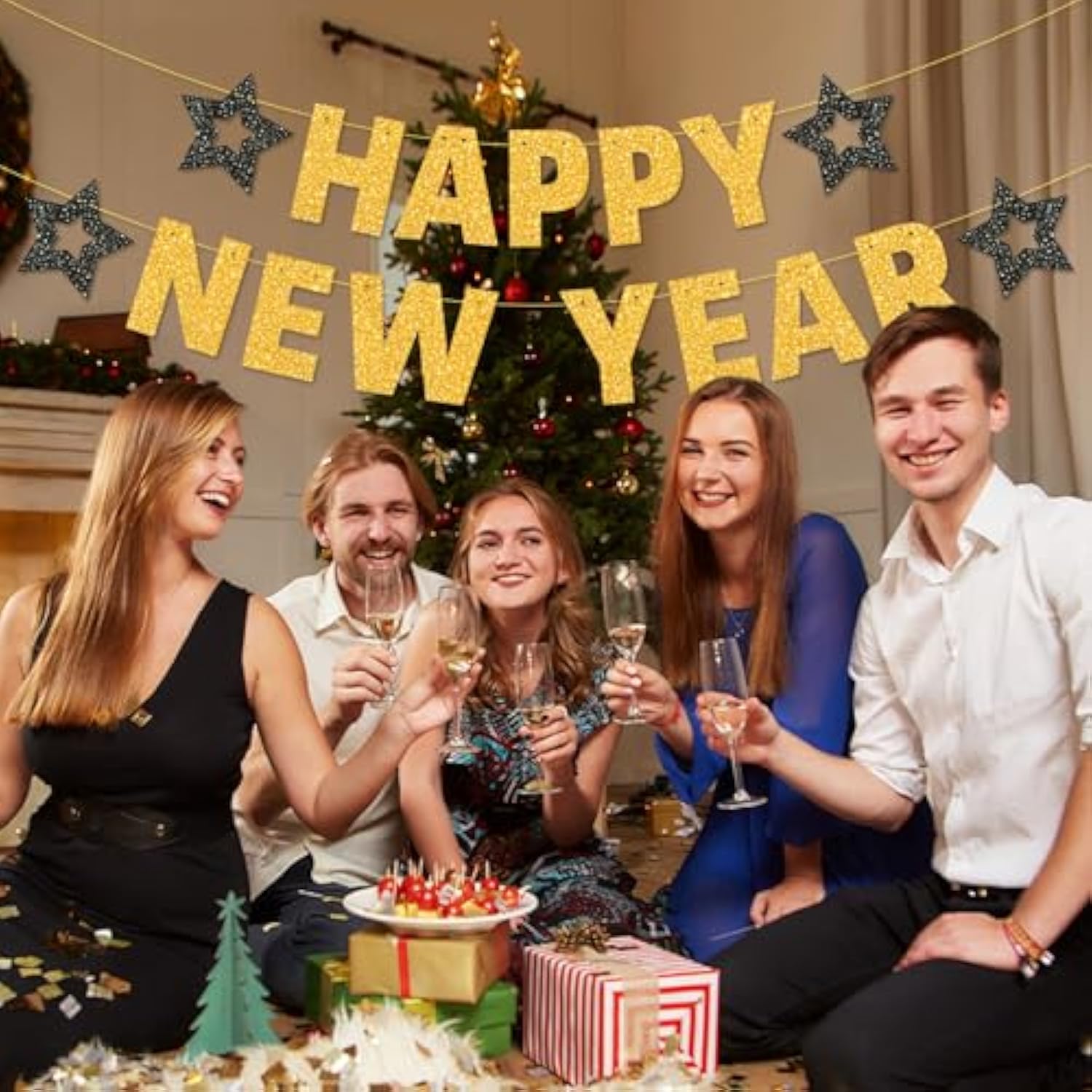 Pre-Strung Gold Glitter Happy New Year 2026 Banner Party Decorations