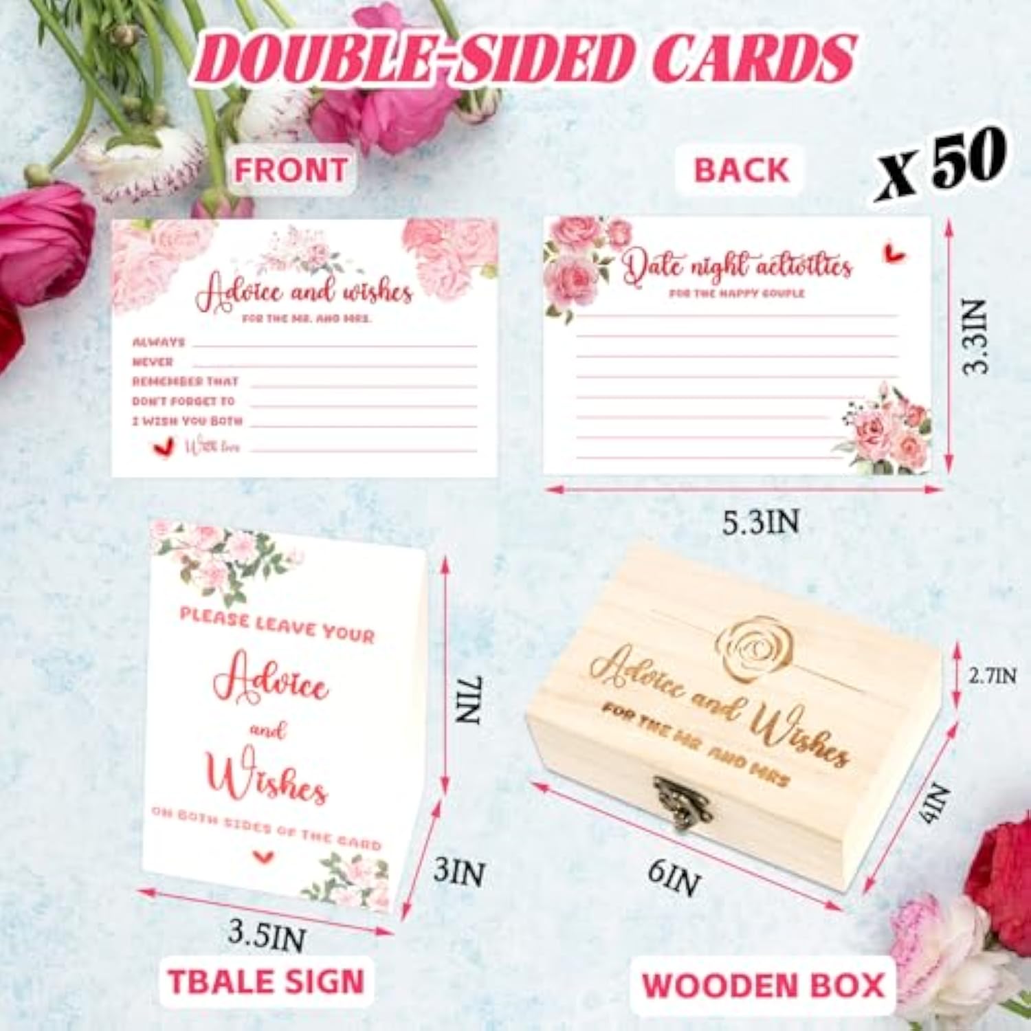 Advice And Wishes Cards Box - 50 Pcs Double Sided Floral Wedding & Baby Shower Advice Cards, Bridal Shower Decorations, Funny Advice For Bride & Groom, Well Wishes Box For Graduation, Christmas, Birthday Party
