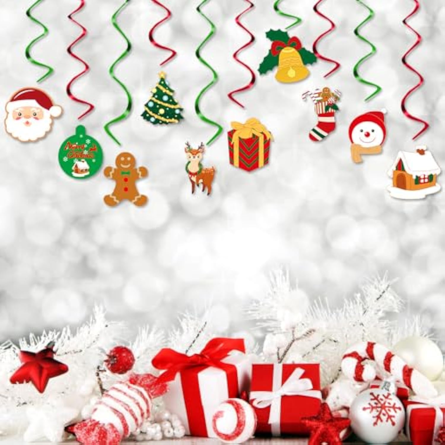 Merry-Christmas Ceiling Hanging Foil-Swirl Decorations - 20Pcs Red Green Tree Socks Snowman Santa Claus Elk Gifts Streamers Garland, Fireplace Window Room Indoor Holiday Party Supplies