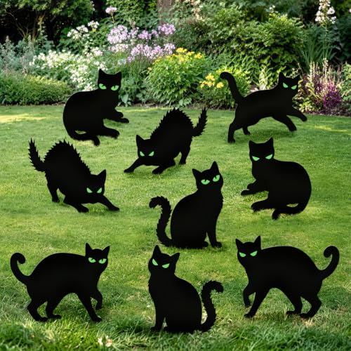 Halloween Decorations Outdoor - 9 Pack Corrugated Plastic Black Cat Decor with Stakes, Glow In The Dark Eyes Scary Silhouette Waterproof Durable Yard Signs for Garden Graveyard Party Lawn (37x31cm)