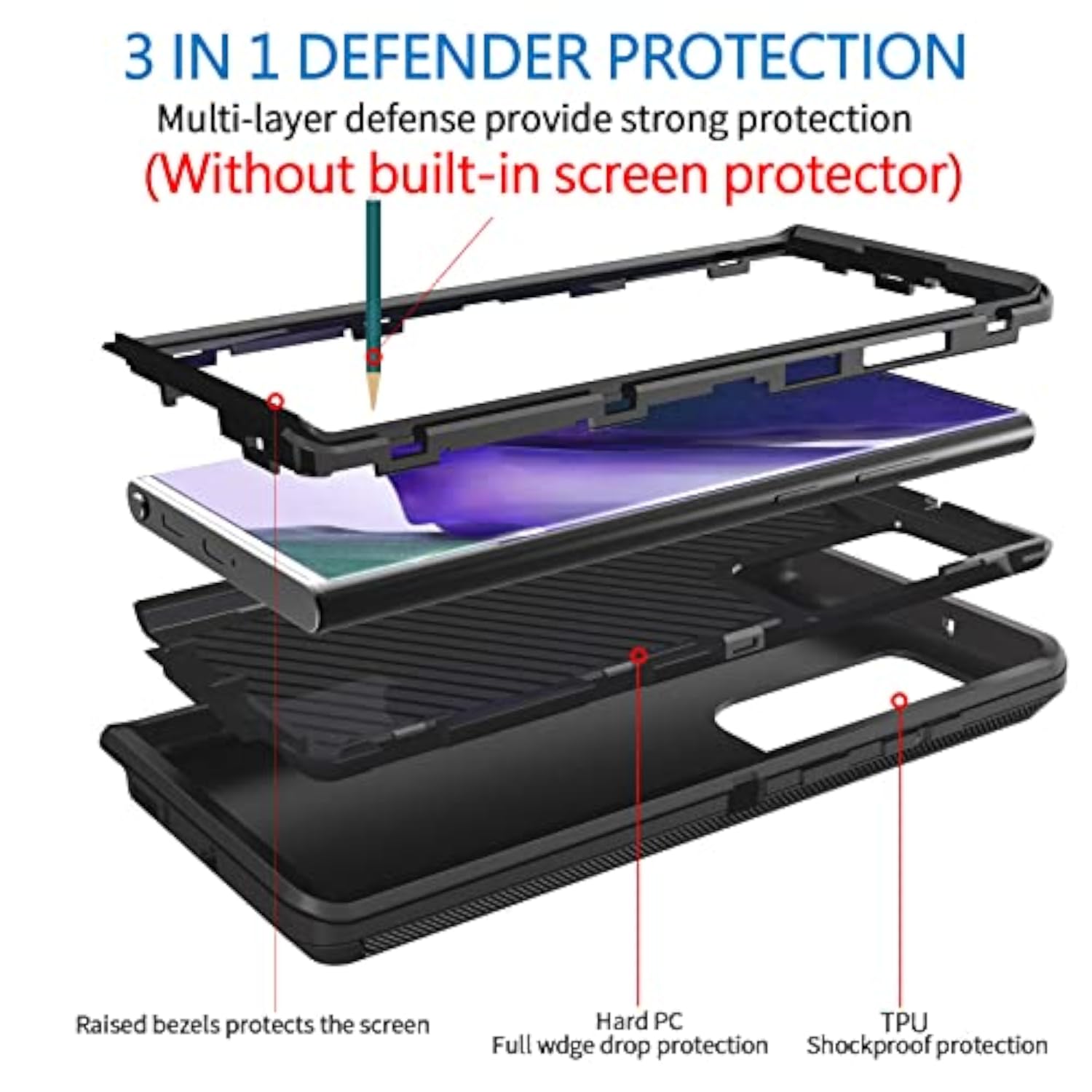 Heavy Duty Shockproof Rugged Defender Protective Case for Samsung Galaxy Note 20 5G, 3 in 1 Bumper Cover, Black