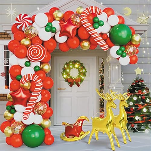 133 PCS Balloon Arch Garland Kit,Christmas Balloons Set-Xmas Red,Gold,Green,White,Gold Confets Elk Sleigh foil balloon Star and Candy cane for Christmas Decorations Party(Christmas-01)