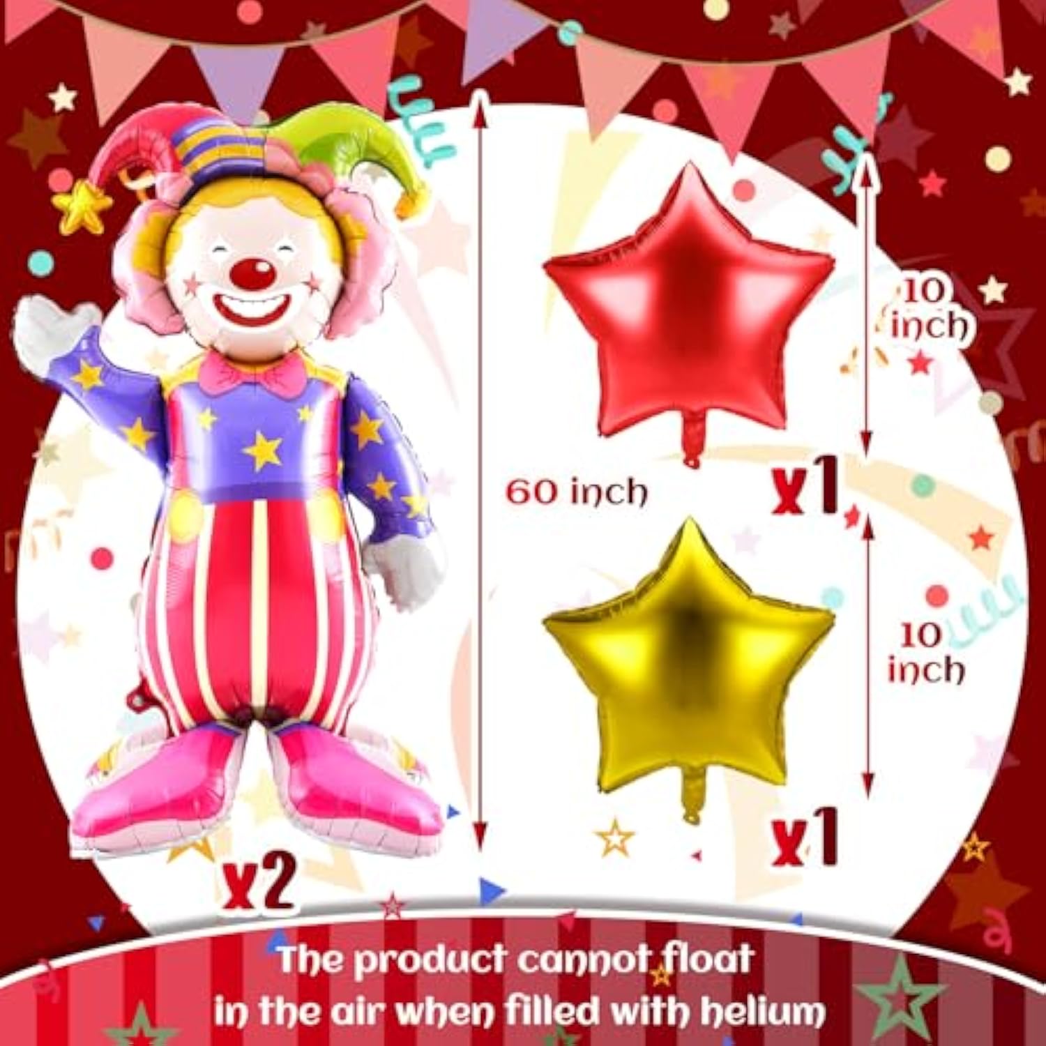 2 Pcs 3D Self Standing Clown Balloons 60 Inch 2 Pcs Star 10 Inch Carnival Party Decorations Circus Clown Aluminum Foil Balloons For Carnival Birthday Themed Parties