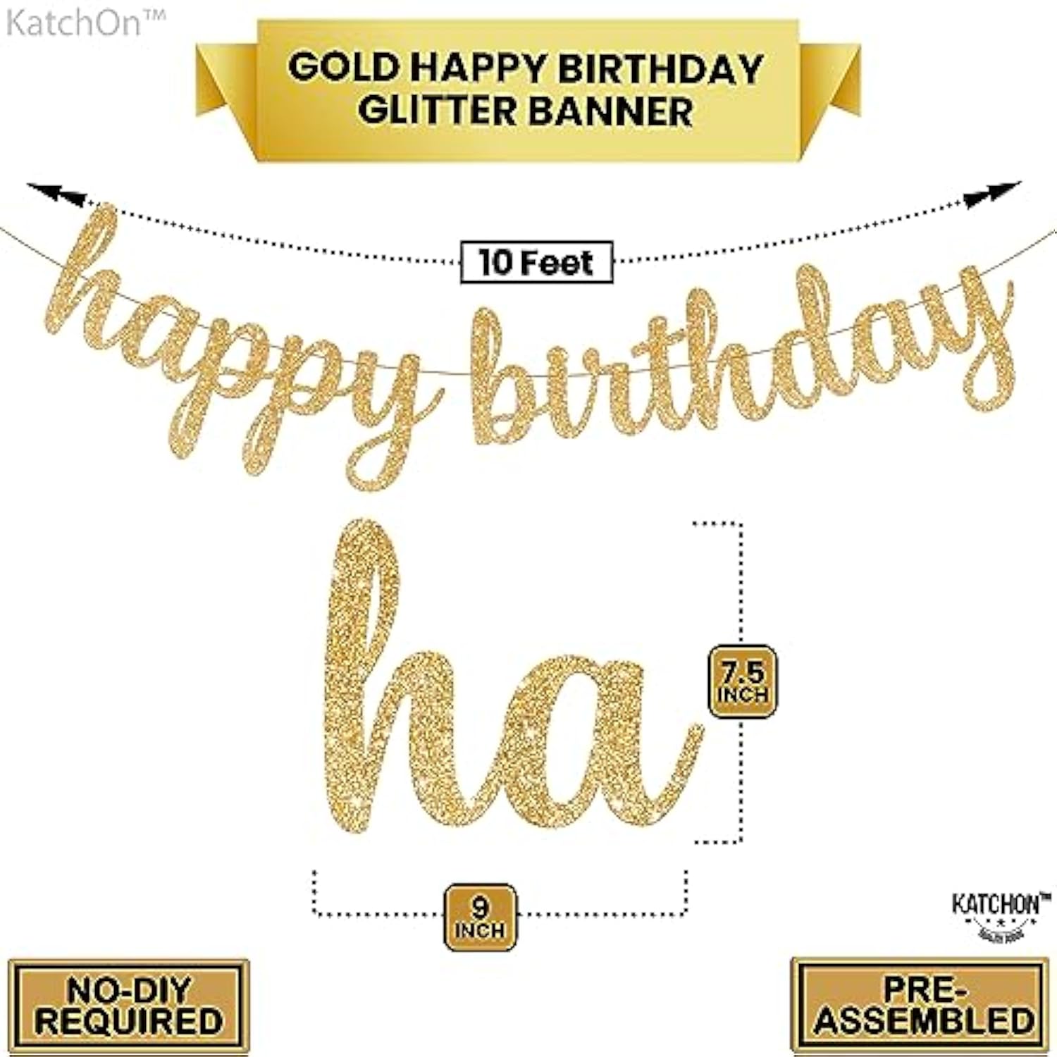 , Glitter Cursive Gold Happy Birthday Banner - Pre-Strung, 10 Feet | Birthday Decorations For Women, Men, Boys And Girls | Hbd Banner Backdrop For Birthday Party Decorations | Gold Happy Birthday Sign