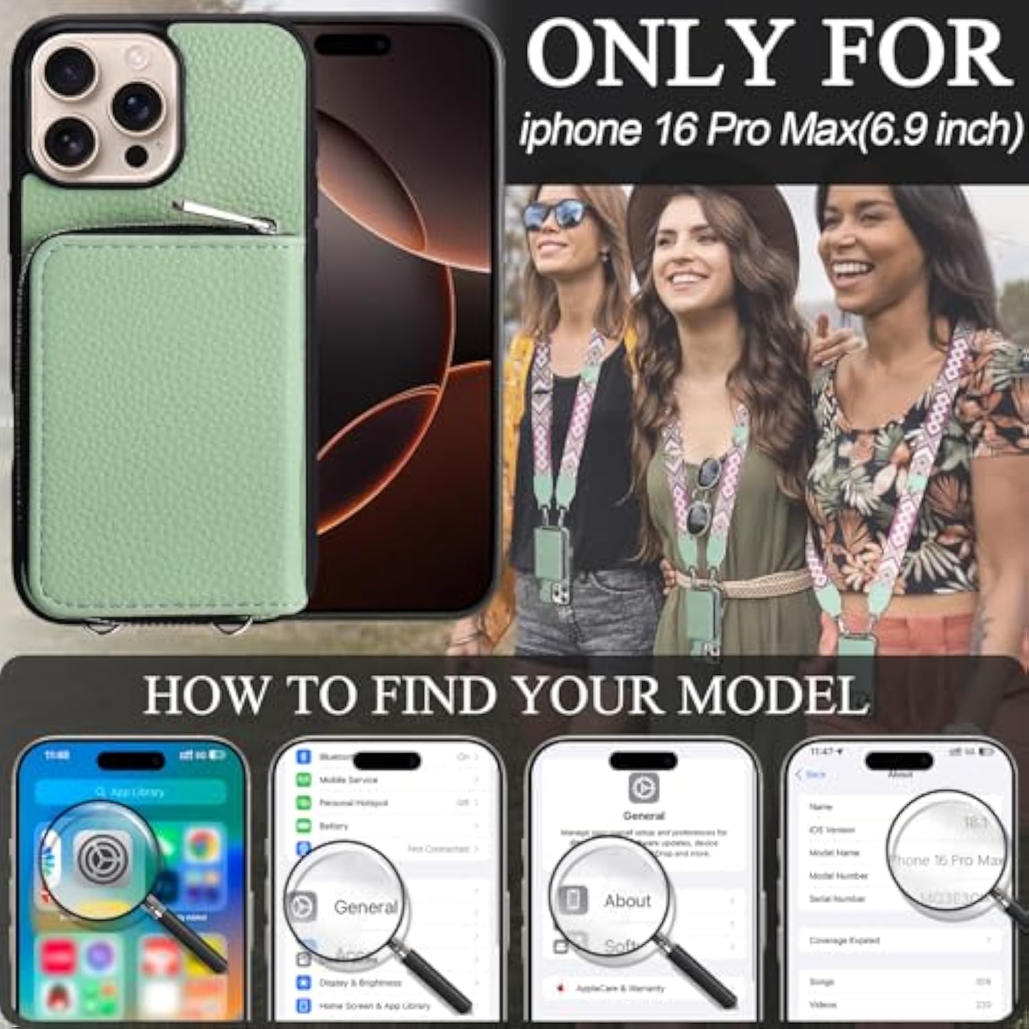 Wallet Case For Iphone 16 Pro Max, Rfid Blocking Pu Leather Crossbody Phone Purse With Card Holder, Zipper Pocket, Wrist Strap & Adjustable Lanyard For Women 6.9" 5G,Green