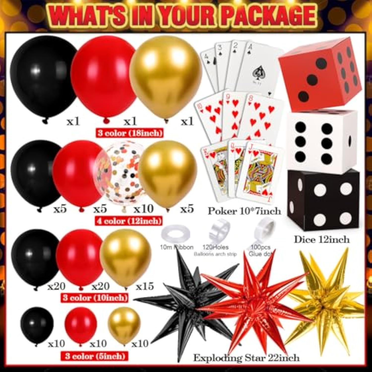 132Pcs Casino Theme Party Decorations, Dice Boxes Large Poker Cards Black Red Gold Balloon Garland Star Foil Balloons For Vegas Themed Party And Casino Night Birthday Celebrations