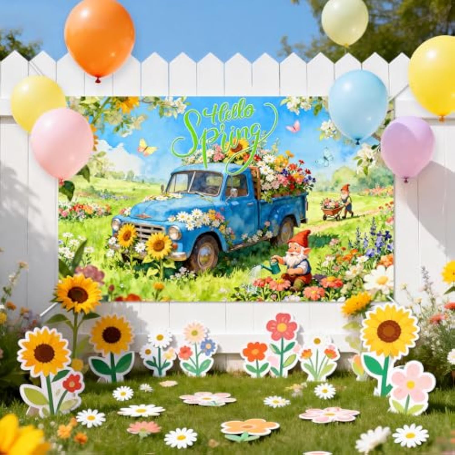 Hello Spring Banner Blue Truck Flowers Garden Elf Spring Background Party Decorations Indoor Outdoor Photo Booth Props (6X3.6Ft)