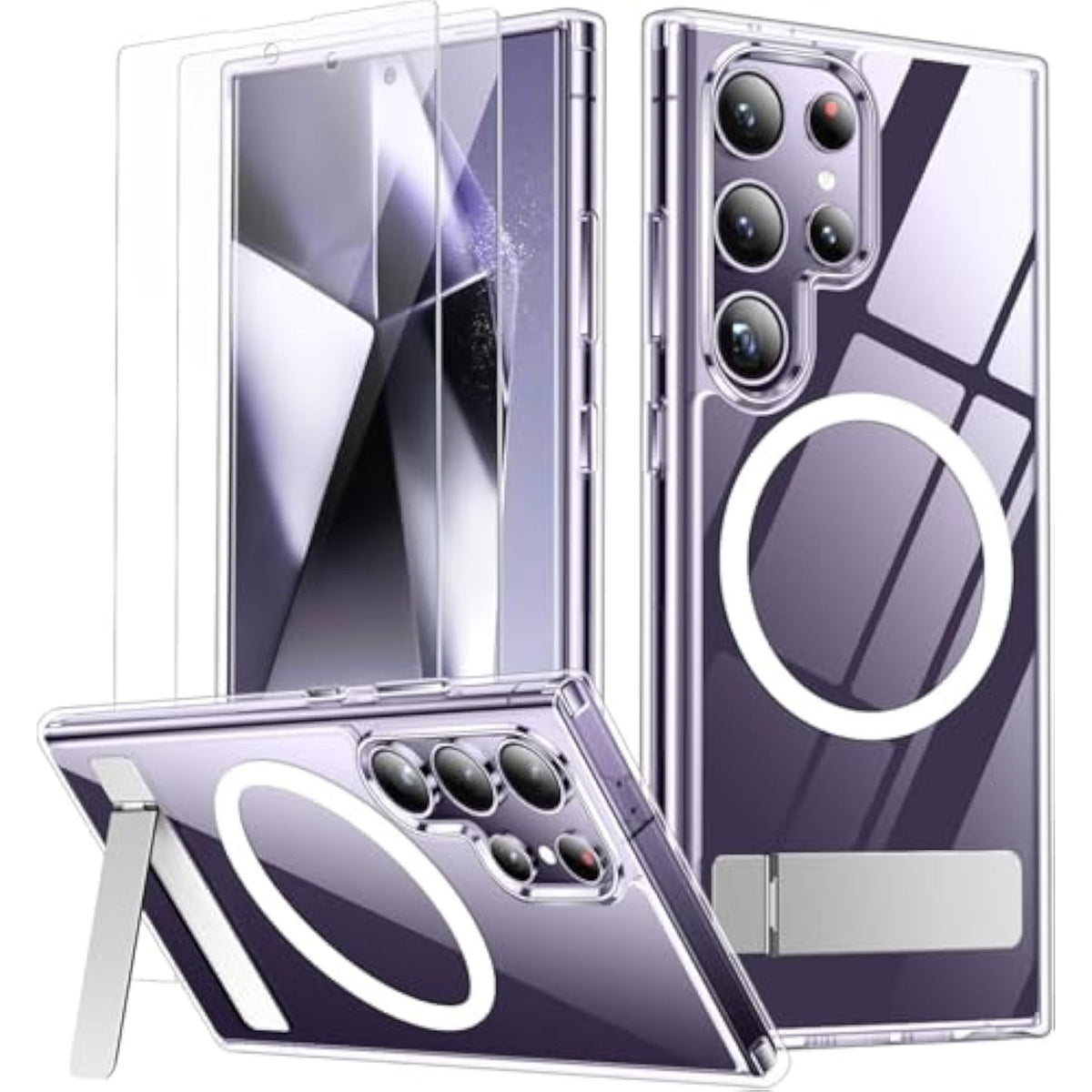 For Samsung Galaxy S24 Ultra Case, With Invisible Kickstand, Magnetic Case [Military Grade Drop Protection] [2 Pcs Tempered Glass Screen Protectors] Shockproof Slim Case, Clear