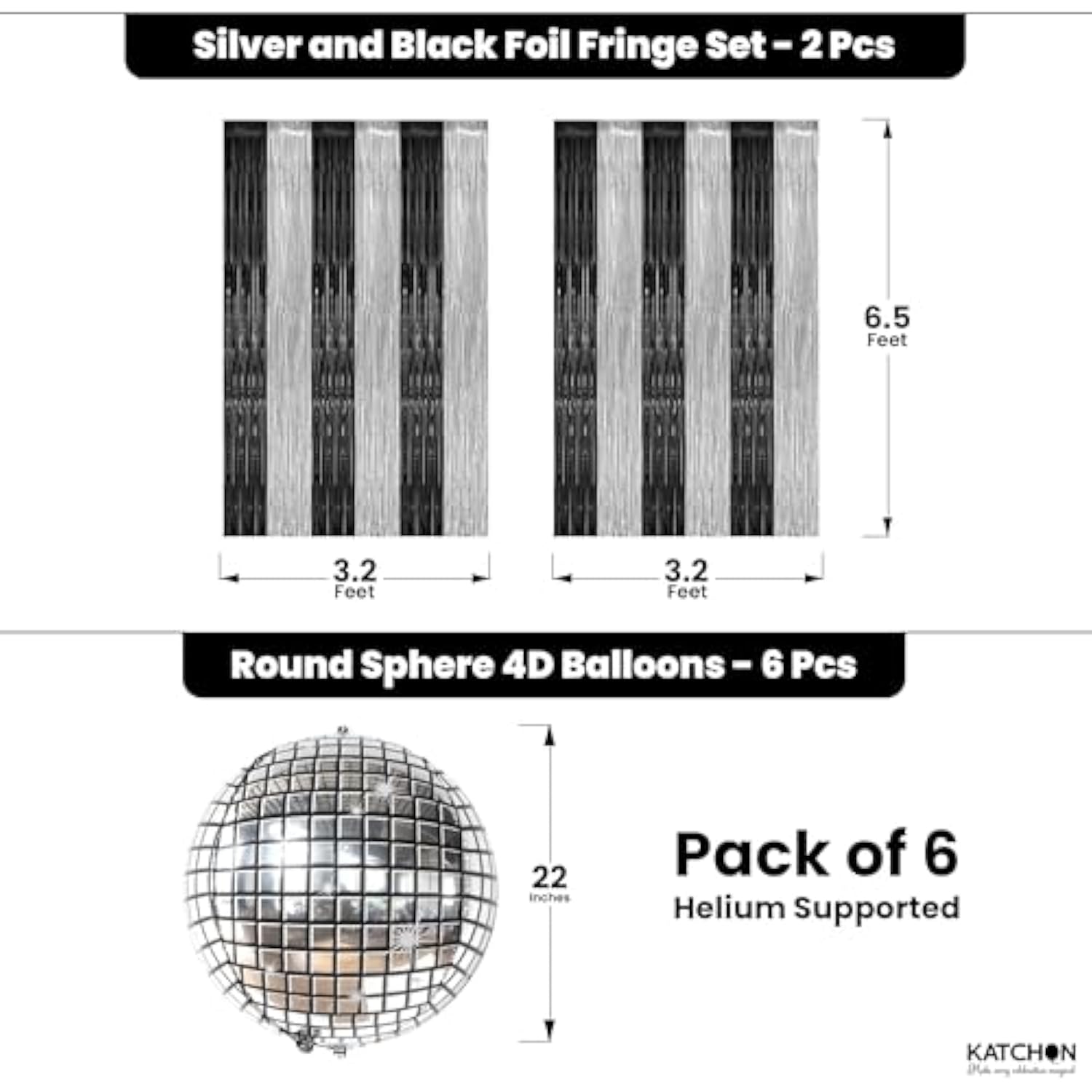 8pcs Disco New Year Party Set 4D Balloons Black Silver Fringe Backdrop