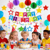 Birthday Banner Decorations With Honeycomb Balls, Stars, Circle Dots Garland Swirl Streamer Happy Birthday Party Decorations Supplies For Party(Multicolour)