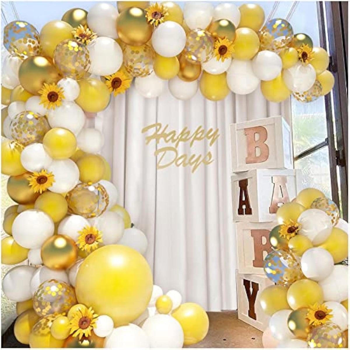 18Inch Sunflower Yellow Gold White Balloons Balloon Garland Arch Kit, Sunflower Bee Theme Birthday Baby Shower Wedding Party Decorations For Girl Boy