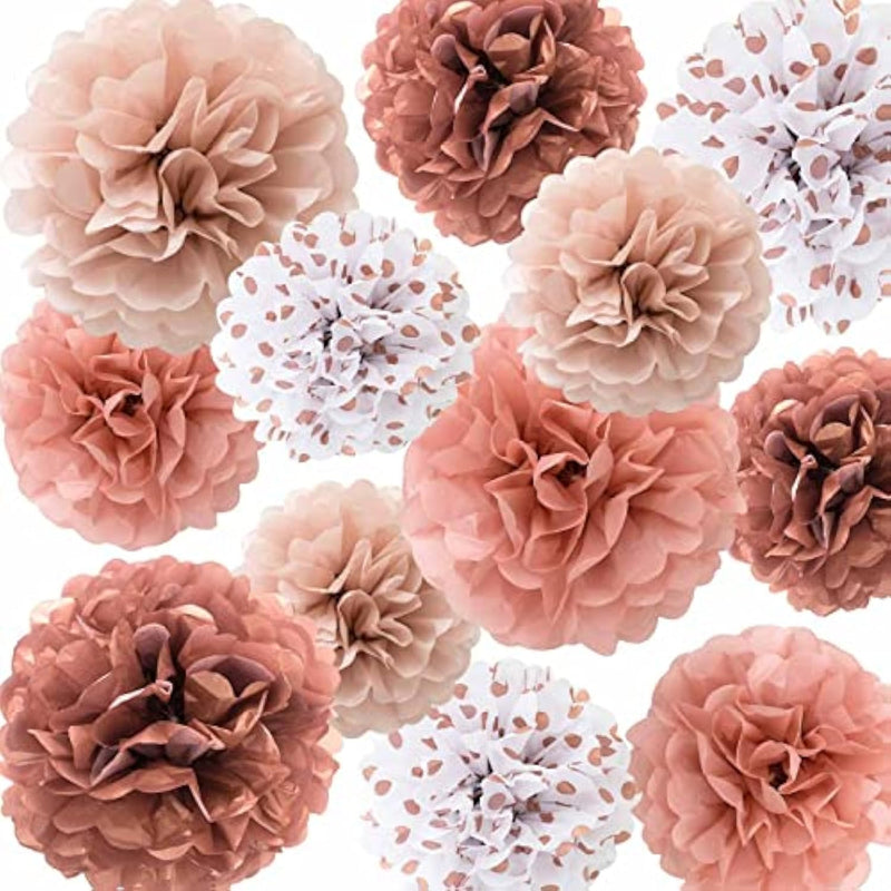 Rose Gold Tissue Paper Pom Poms Flowers Dusty Pink Coral Polka Dot Wall Hanging Wedding Birthday Bridal Baby Shower Party Decorations 12" 10" Pack Of 12