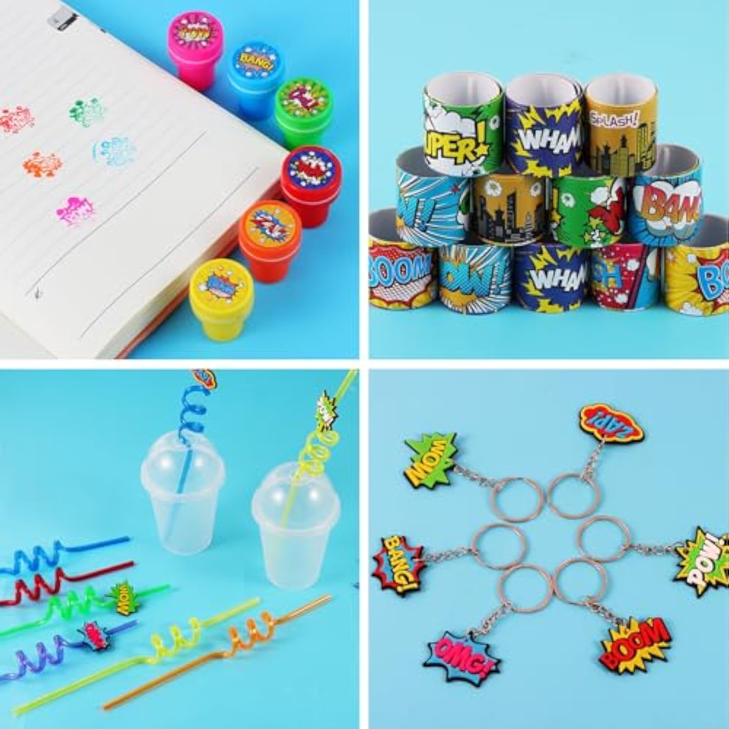 122 Pcs Party Favors With Punch Balloons, Reusable Straws, Slap Bracelets, Keychains, Stamps, Stickers And Gift Bags For Kids Birthday Party (Style 1)